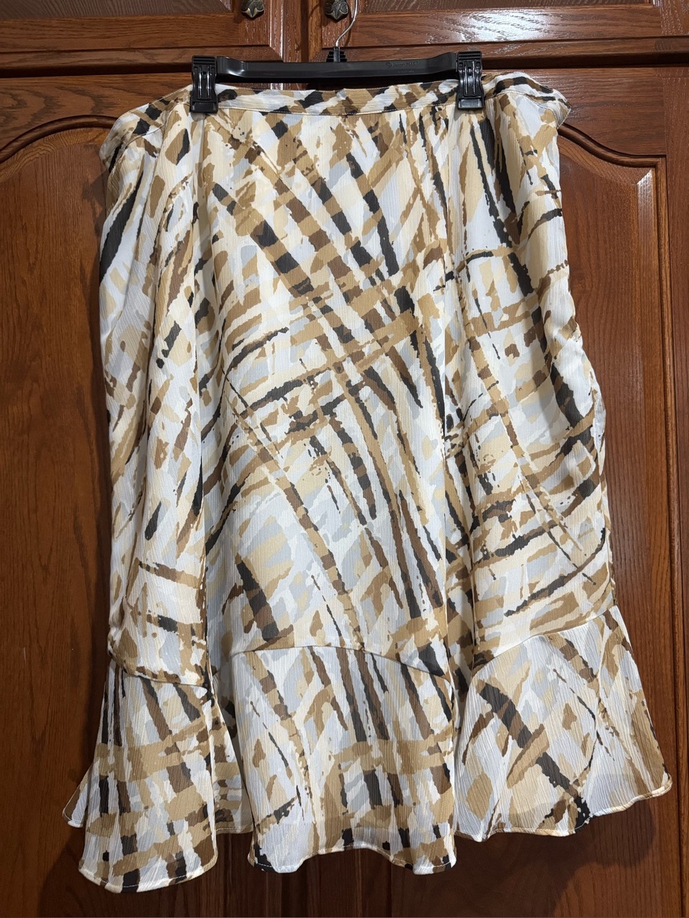 Womens Beige & White Abstract Print Flared Skirt Lined with side zip and elastic